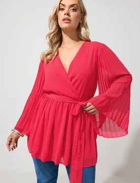 Women's Pleat Sleeve Wrap Top in Red Size: 24 - Red - Size: 24 - Yours - FashionsVida