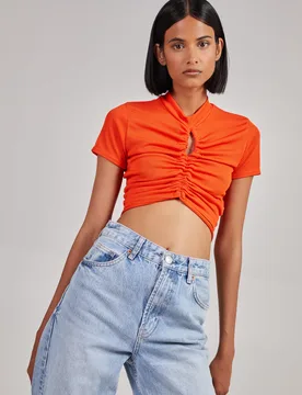 Womens Short Sleeve Gathered Keyhole Ribbed Top - Orange - Size Small - Pink Vanilla - FashionsVida