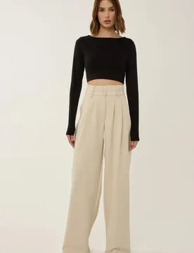 Womens Wide Leg Double Waisted Pants - Natural - Size X-Large - Hiccup - FashionsVida