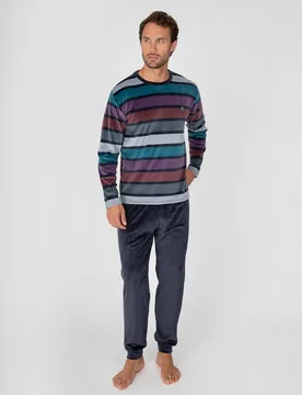 Pijama largo de hombre con camiseta de rayas multicolor y pantalón con puños - Massana - FashionsVida