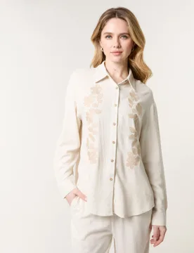 Womens Linen Flower Embroidery Blouse - Beige - Size Large - Blue Vanilla - FashionsVida