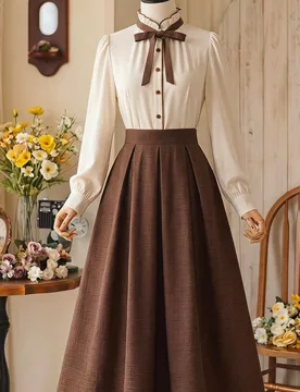Vestido largo elegante vintage para mujer con bolsillos, contraste de color, lazo, botones, estilo casual para vacaciones y días festivos, otoño e i - Shein - FashionsVida