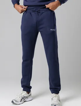 Mens Dark Navy Cotton Rich Brushed Fleece Joggers With Logo Strip Detail - Size Medium - Firetrap - FashionsVida