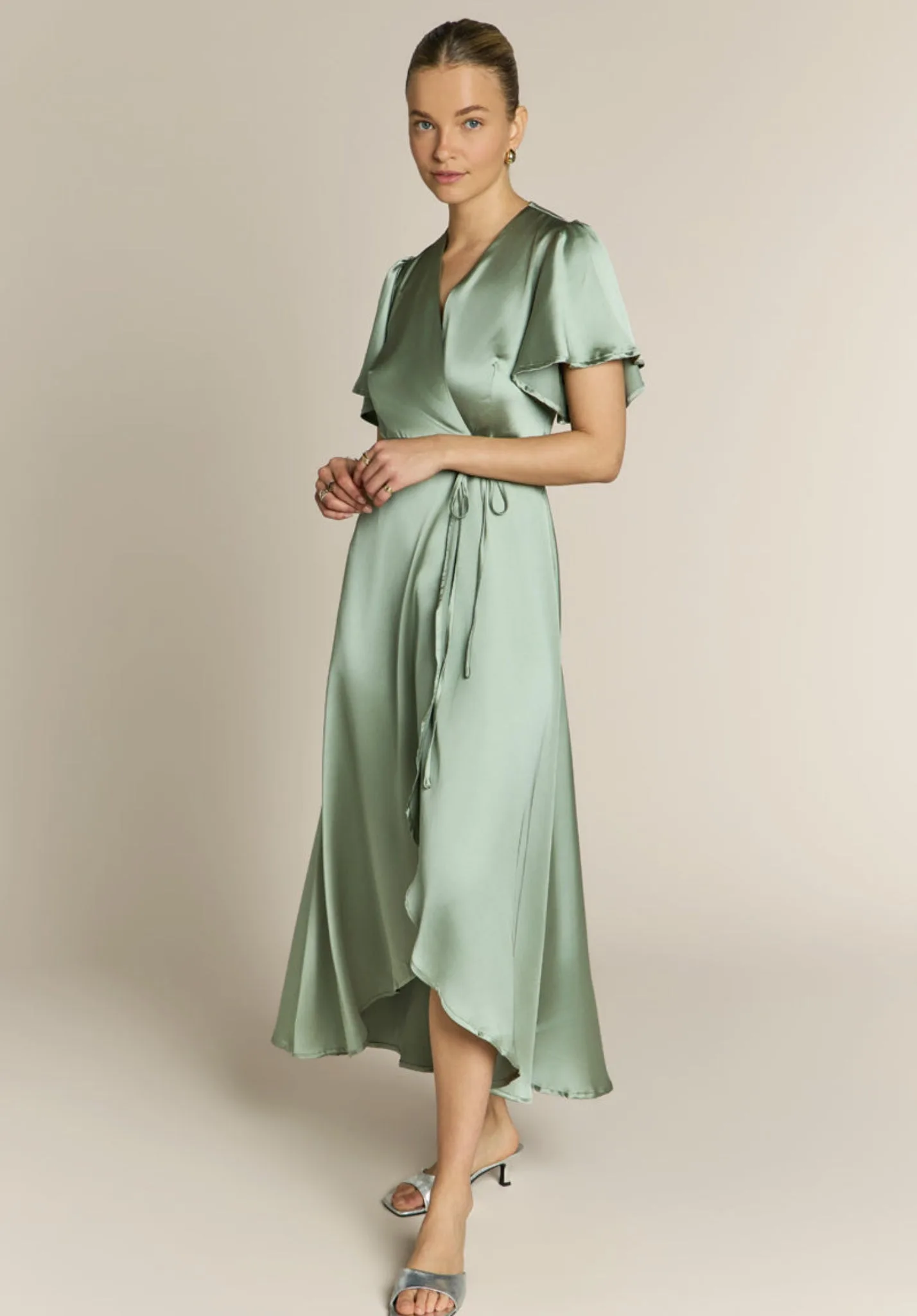 Florence Waterfall Dress in Sage Green Satin - 8 - Rewritten - FashionsVida