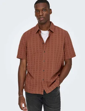 Regular Fit Textured Short Sleeve Shirt Brown male - ONLY & SONS - FashionsVida