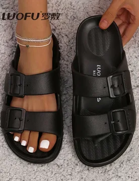 Sandalias planas de moda PVC con doble hebilla decorativa, color negro, atuendos de playa, pantuflas para mujer EUR44 - Shein - FashionsVida