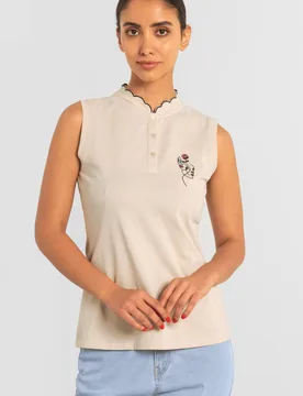 Women's Regular Fit Sleeveless Pique Polo Top in Cream Size: 14 - Cream - Size: 14 - Enorsia - FashionsVida