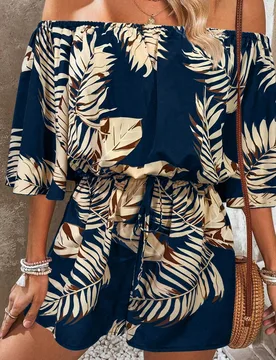 Mono informal con estampado de hojas, hombros descubiertos y mangas acampanadas para vacaciones de verano L - Shein - FashionsVida