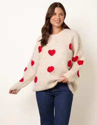 Heart Crew Neck Knit Jumper - ONE / BEIGE - female