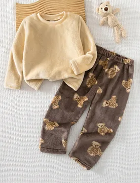 Conjunto de 2 piezas de pijama para niños de otoño/invierno, de punto acanalado y suave, con cuello redondo, manga larga, color liso, estampado de o - Shein - FashionsVida