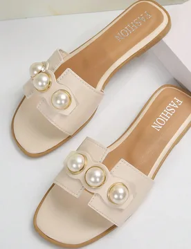 Sandalias planas para mujer con perlas artificiales, sandalias de unicolor con puntera abierta y antideslizantes, zapatos multiusos para exteriores, p - Shein - FashionsVida