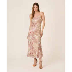Vestido midi de lentejuelas con estampado floral sin mangas y escote de pico