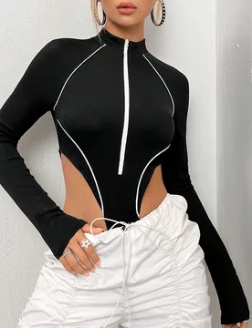 Body de mujer otoño/invierno Y2K negro con ribete de contraste, cremallera delantera y mangas raglán XXS - Shein - FashionsVida