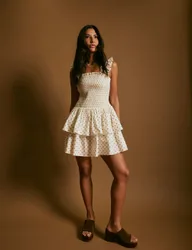 Pure Cotton Polka Dot Mini Waisted Dress Cream female
