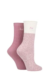 Women's 2 Pair Super Soft Cable Knit Boot Socks Rose / Cream 4-8 Ladies - Pink - Size: Small