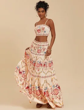 Set de 2 piezas para mujer con top de tirantes estampado y falda maxi, atuendos de primavera y verano, atuendos de playa para mujer, ropa occidental p - Shein - FashionsVida