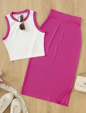 Conjunto de 2 piezas de camiseta y falda larga de estilo vintage de unicolor elegante con ribete de contraste para el verano M - Shein - FashionsVida