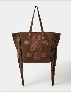 Suede Embroidered Fringed Tote Bag Chocolate female - Accessorize - FashionsVida