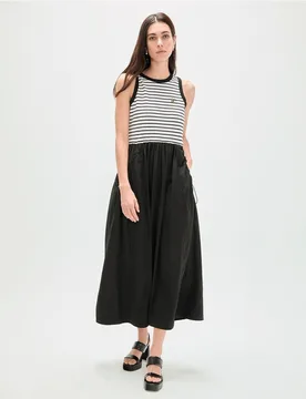 Vestido midi bimateria con cuerpo de rayas - Lola Casademunt - FashionsVida