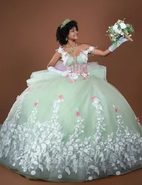 Light Green Quinceanera Dress off-shoulder Glitter 3D Flower Lace Decal Long tail vestidos de 15 Quinceanera ﻿Customize - Aliexpress - FashionsVida