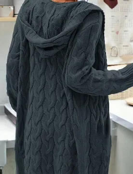 Pieza Cárdigan con capucha y punto de cable, cárdigan suelto para mujer de punto de cable con hombros caídos, de color gris oscuro liso, para usar - Shein - FashionsVida
