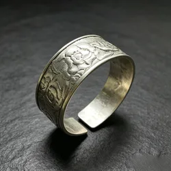 Vintage Engraved Peony Open Cuff Bangle Antique Silver Tone Wide Floral Relief Wrist Bracelet Ethnic Handmade Jewelry for Women