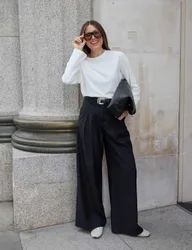Woven Tailored Wide Leg Trousers Black female