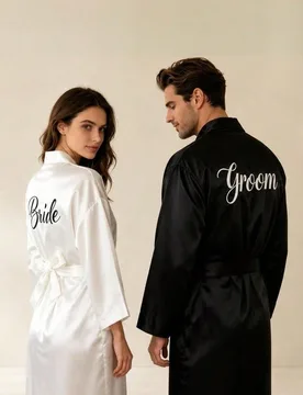 Bata de novia y novio para la mañana de la boda, ropa de dormir de manga larga de seda sintética para primavera/verano en talla grande, bata de bañ - Shein - FashionsVida