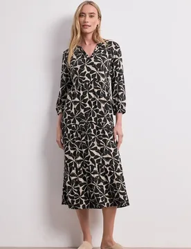 Midi-Kleid mit Split Neck im Ethno-Look female Schwarz - Street One - FashionsVida