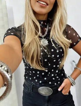 Camiseta de malla transparente con cuello alto y estampado de lunares negros, casual de verano S - Shein - FashionsVida