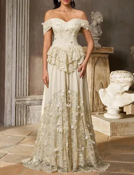 Elegante Vestido Formal Decente Casual Verde Salvia con Encaje y Gasa Patchwork, Hombros Descubiertos, Copas, Decoración Floral 3D y Voluminoso para - Shein - FashionsVida