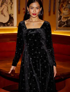 Women's Black Starburst Foil Print Long Sleeve Skater Dress Size: 8 - Black - Size: 8 - Yumi - FashionsVida