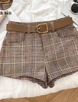 Conjunto de pantalones cortos de lana a cuadros de moda retro a juego con cinturón, pantalones cortos casuales de otoño e invierno L - Shein - FashionsVida