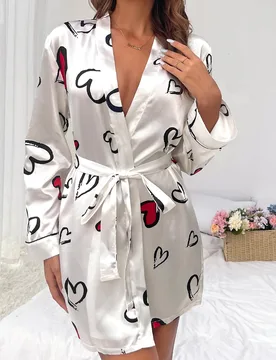 Bata de satén con estampado de corazón, ribete de contraste y cinturón, lujosa ropa de estar en casa, otoño, invierno S - Shein - FashionsVida