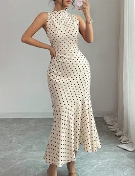 Vestido de mujer rojo con lunares, ceñido a la cintura, efecto adelgazante, ajustado y de corte sirena L - Shein - FashionsVida