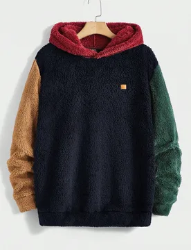 Sudadera con capucha de felpa y patchwork para hombre, para otoño e invierno, cosas de pareja, top de manga larga, vacaciones, regalos del Día del P - Shein - FashionsVida