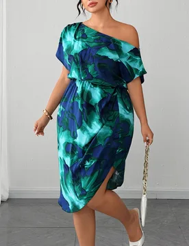 Vestido verde de verano casual de moda francesa vintage elegante para ir al trabajo con escote asimétrico en el hombro y bajo asimétrico con abertur - Shein - FashionsVida