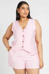 Womens Plus Linen Waistcoat And Short Co-Ord Set - Light Pink - Size 28 Uk