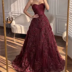 Customized Intricate Luxury Burgundy Handmade Flower Sequined Beading A-line Sweetheart Floor-Length Evening Dresses