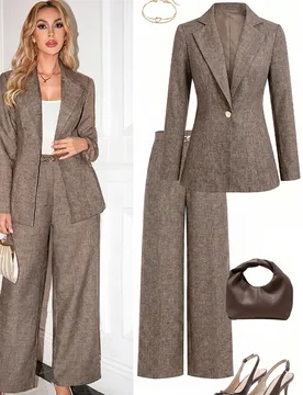 Conjunto de 2 piezas de blazer de manga larga con botones metálicos y pantalones holgados para mujer S - Shein - FashionsVida