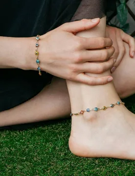 Women's Silver Colourful Protection Greek Evil Eye Beaded Indian Nazaria Payal Anklet in Gold Size: 8 - Gold - Size: 8 - The Colourful Aura - FashionsVida