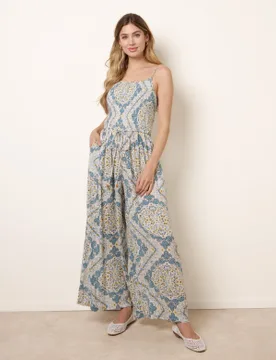 Shirred Drawstring Jumpsuit - M / BLUE PATTERN - female - Blue Vanilla - FashionsVida