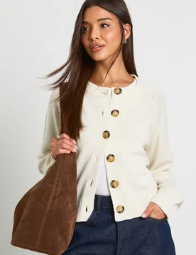 Womens Crew Neck Knitted Chunky Cardigan - Cream - Size Small - Boohoo - FashionsVida