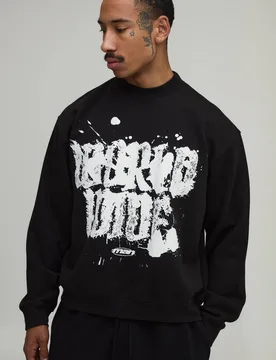 Herren Schwarzes Übergroßes Kastenförmiges Sweatshirt Mit Worldwide-Graffiti-Druck Black Größe Medium - boohooMAN - FashionsVida