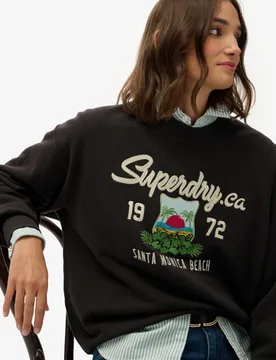 Superdry Damen Baumwolle Gestickte Grafik Lässiges Souvenir Rundhalsausschnitt Sweatshirt, Schwarz & Creme - Größe: 38 - 74.99 - FashionsVida