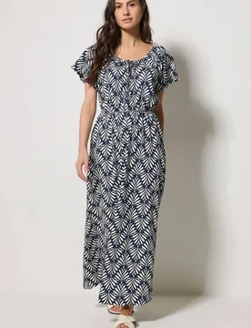 Women's Leaf Print Tie Neck Cotton Maxi Dress in Mid Navy Size: 14 - Mid Navy - Size: 14 - M&Co - FashionsVida