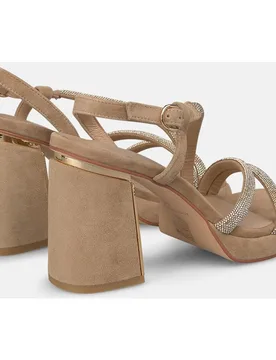 Sandalias de tacón de mujer en piel efecto metalizado con tiras tubulares metalizadas - Alma en Pena - FashionsVida