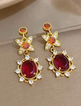 DODOHAO Luxury Flower Red Oval Zircon Copper Drop Earrings for Women Shiny Gold Plated Earrings Retro Charm Jewelry Accessories - Aliexpress - FashionsVida