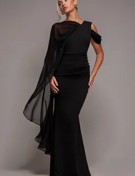 Women's One Shoulder Chiffon Cape Crepe Maxi Dress in Black Size: 14 - Black - Size: 14 - Goddiva - FashionsVida