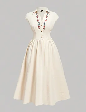 Vestido midi elegante vintage gótico para mujer talla grande, color crema beige, manga corta, cuello, bordado floral, botones delanteros, verano, cur - Shein - FashionsVida